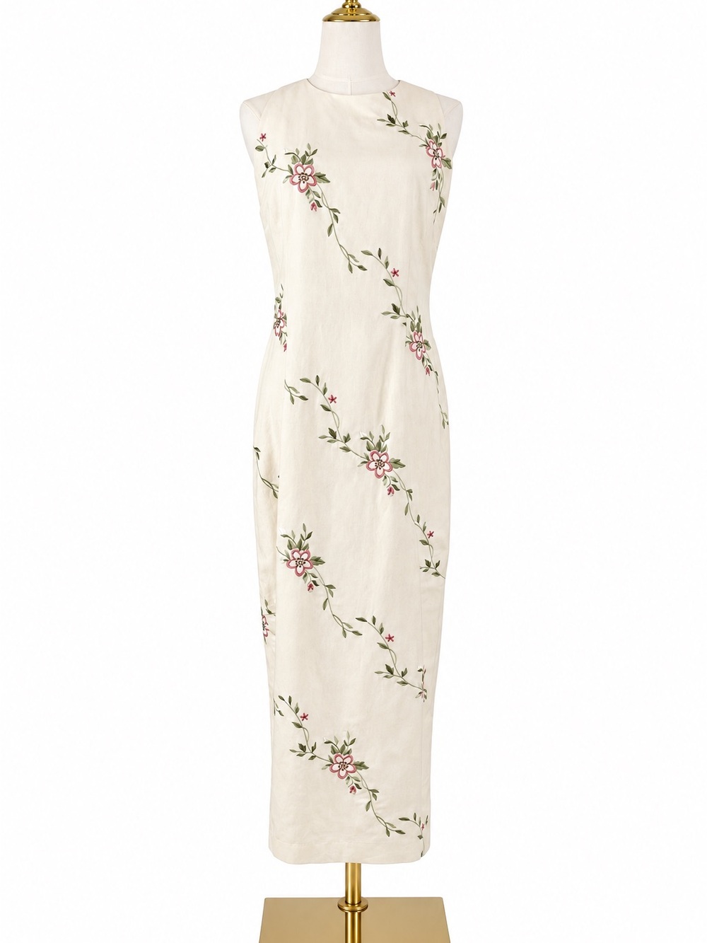 Vintage 90s Donna Morgan Ivory Linen Embroidered Maxi Dress Size 6